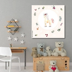 «Иллюстрация с небольшим акварельным единорогом и цветочными элементами» в интерьере детской комнаты для девочки с игрушками