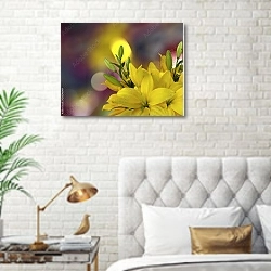 «Жёлтые лилии на фиолетовом размытом фоне» в интерьере современной спальни в белом цвете с золотыми деталями