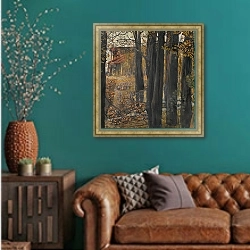 «Autumn Landscape» в интерьере гостиной с зеленой стеной над диваном