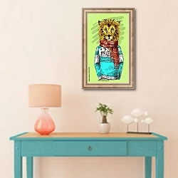 «Лев в вязаном свитере» в интерьере в стиле поп-арт над голубым столиком