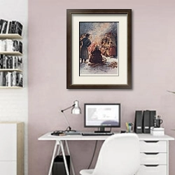 «The Poor of Moscow warming themselves at Street Fires in Winter» в интерьере светлого кабинета над белым столом