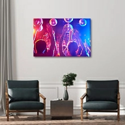 «Friends dancing in night club» в интерьере офиса над креслами для гостей