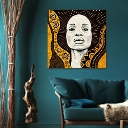 «Голова африканки на этническом узоре» в интерьере зеленой гостиной в этническом стиле над диваном