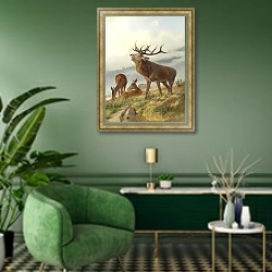 «Трубчатый олень с косулями» в интерьере гостиной в зеленых тонах