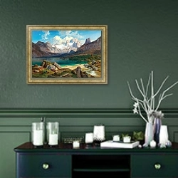 «Озеро Гозау С Видом На Горный Массив Дахштайн» в интерьере прихожей в зеленых тонах над комодом