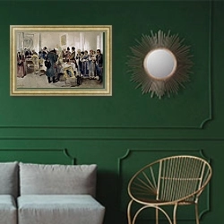 «Auction of Serfs, 1910» в интерьере классической гостиной с зеленой стеной над диваном