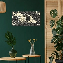 «Магическое знамя для астрологии, небесной алхимии» в интерьере в этническом стиле с зеленой стеной