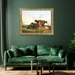 «Крупный рогатый скот пасется на Кентерберийских лугах» в интерьере зеленой гостиной над диваном