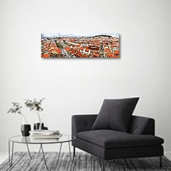 «Португалия, Лиссабон. Панорама центральной части Лиссабона» в интерьере современной комнаты с серой банкеткой