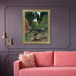 «An Old Stone Bridge» в интерьере гостиной с розовым диваном