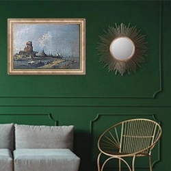 «Руины» в интерьере классической гостиной с зеленой стеной над диваном