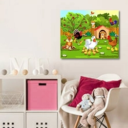 «Двор с фермерскими животными» в интерьере детской комнаты для девочки с розовыми деталями