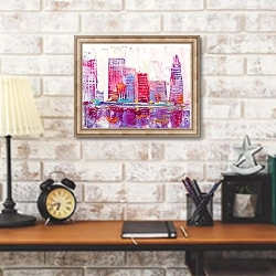 «Абстрактная живопись городских небоскребов» в интерьере кабинета в стиле лофт над столом