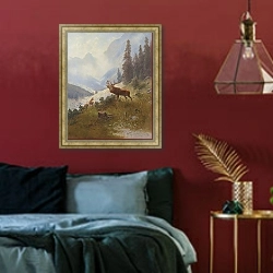 «Трубчатый олень в горах» в интерьере спальни с акцентной стеной