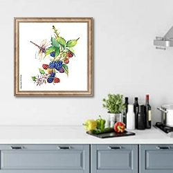 «Веточка ежевики с ягодами и цветами 4» в интерьере кухни в голубых тонах