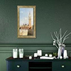 «Venice, a view of St Mark’s Square» в интерьере прихожей в зеленых тонах над комодом