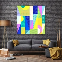 «Абстрактный разноцветный геометрический узор» в интерьере в стиле лофт над диваном