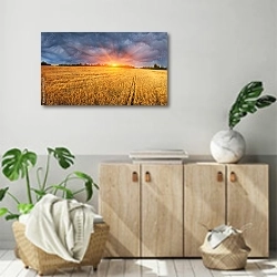 «Пшеничное поле на закате» в интерьере современной комнаты над комодом