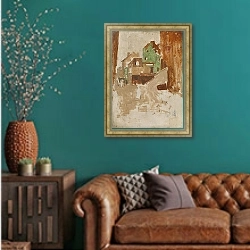 «Улица на Монмартре, Париж» в интерьере гостиной с зеленой стеной над диваном