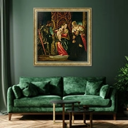 «Virgin and Child between St. Justine and St. George, with a Benedictine monk» в интерьере зеленой гостиной над диваном