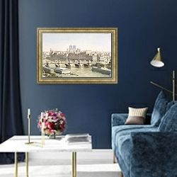 «Vue de l’île de la Cité et le pont-Neuf avec ses boutique, vers 1840» в интерьере в классическом стиле в синих тонах