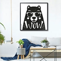 «Векторная иллюстрация со стильным медведем в солнцезащитных очках» в интерьере гостиной в скандинавском стиле над диваном
