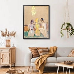 «Three Seated Young Women» в интерьере гостиной в стиле ретро над диваном