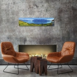 «Швейцария. Большая панорама виноградников региона Лаво» в интерьере современной гостиной в стиле лофт над камином