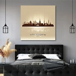 «Санкт-Петербург, Россия. Силуэт города» в интерьере современной спальни с черной кроватью
