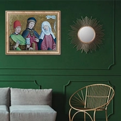 «Святые Космас и Дамиан с Девой Марией» в интерьере классической гостиной с зеленой стеной над диваном