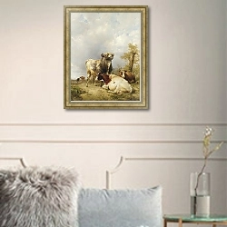 «Бык и коровы на фоне пейзажа» в интерьере в классическом стиле в светлых тонах