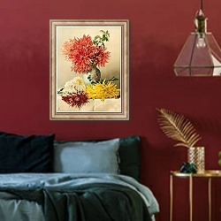 «Chrysanthemums» в интерьере спальни с акцентной стеной