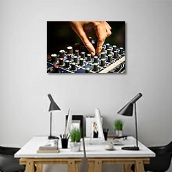 «Микшерный пульт крупным планом» в интерьере современного офиса над столами работников