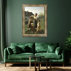 «Надев венок» в интерьере зеленой гостиной над диваном