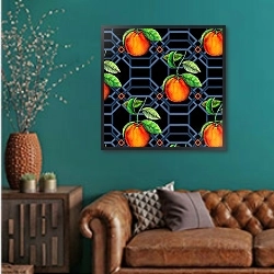«Orange geometric, 2018, pen and ink, watercolour, digital)» в интерьере гостиной с зеленой стеной над диваном