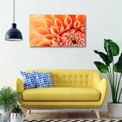 «Orange flower petals, close up and macro of chrysanthemum» в интерьере современной гостиной с желтым диваном