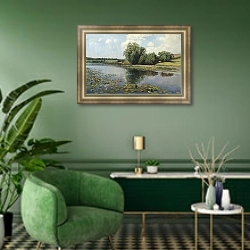 «Речка в полдень. 1892» в интерьере гостиной в зеленых тонах