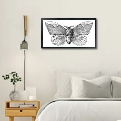«Ретро иллюстрация мотылька» в интерьере белой спальни в скандинавском стиле