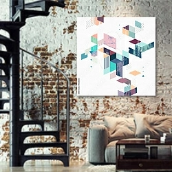 «Современная геометрическая абстракция 7» в интерьере двухярусной гостиной в стиле лофт с кирпичной стеной