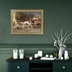 «На пути к рынку» в интерьере прихожей в зеленых тонах над комодом