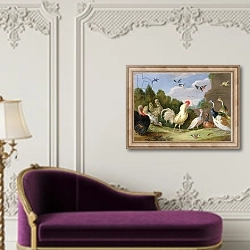 «Wooded Landscape with a Cock, Turkey, Hens and other Birds, 17th century» в интерьере в классическом стиле над банкеткой