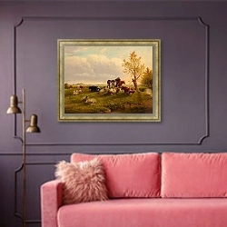 «Cows and sheep resting beside a stream» в интерьере гостиной с розовым диваном