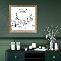 «Знаменитый городской пейзаж с башней с часами» в интерьере прихожей в зеленых тонах над комодом