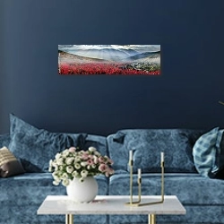 «Осень в Горганах» в интерьере стильной синей гостиной над диваном