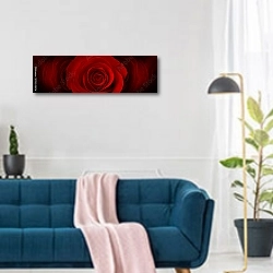«Панорама с тёмно-красными розами» в интерьере современной гостиной над синим диваном