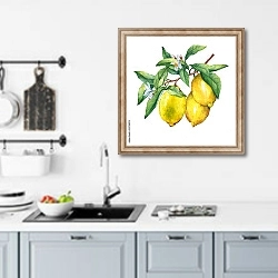 «Три сочных лимона на ветке с цветами» в интерьере кухни над мойкой