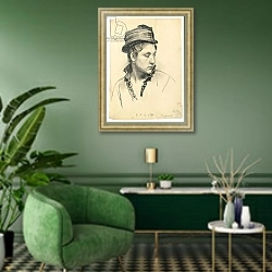 «Woman with Hat, Head Turned to the Side, 1874» в интерьере гостиной в зеленых тонах
