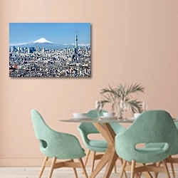 «Япония, Токио. Tokyo Skyline and Mount Fuji» в интерьере современной столовой в пастельных тонах