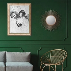 «Three female heads with one sleeping, 1637» в интерьере классической гостиной с зеленой стеной над диваном