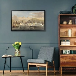 «Американские пароходы на Гудзоне; проезжают высокогорье» в интерьере гостиной в стиле ретро в серых тонах